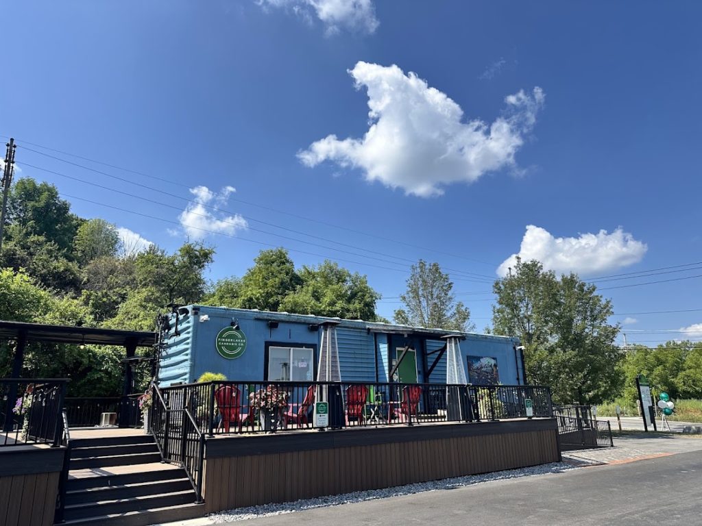 Image of dispensary building on sunny day with blue sky and clouds 