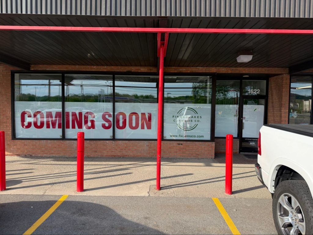 An image of FingerLakes Cannabis Co’s shop with a banner that says “coming soon”. Source - FLXCannaCo.